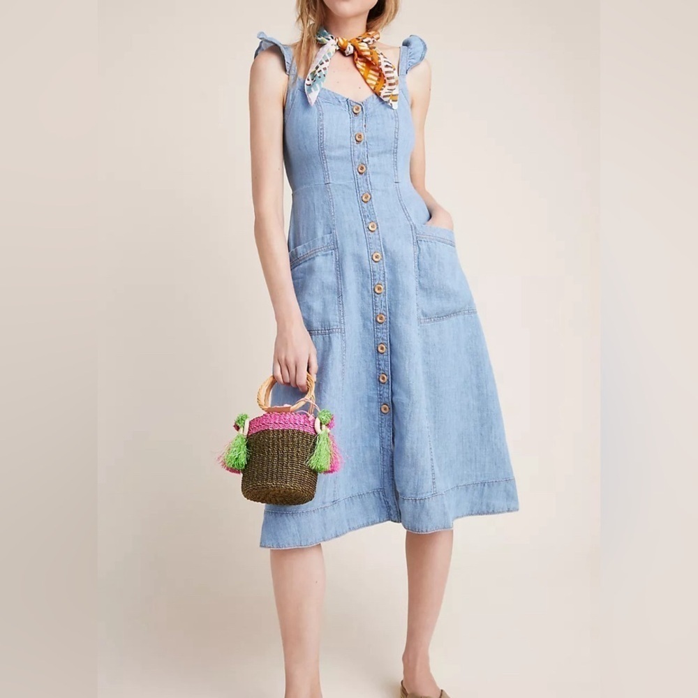 Anthropologie Light Blue Denim Button-Front Midi Dress
